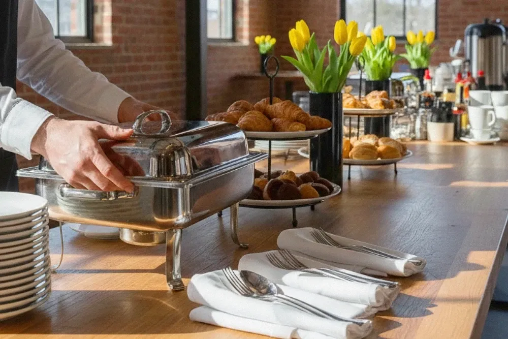 Frühstücksbuffet mit Croissants und Kaffee bei Melograno