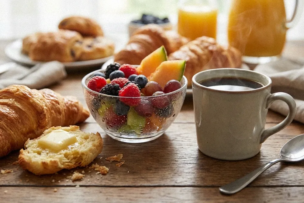 Süßes Frühstück mit Obst und Kaffee