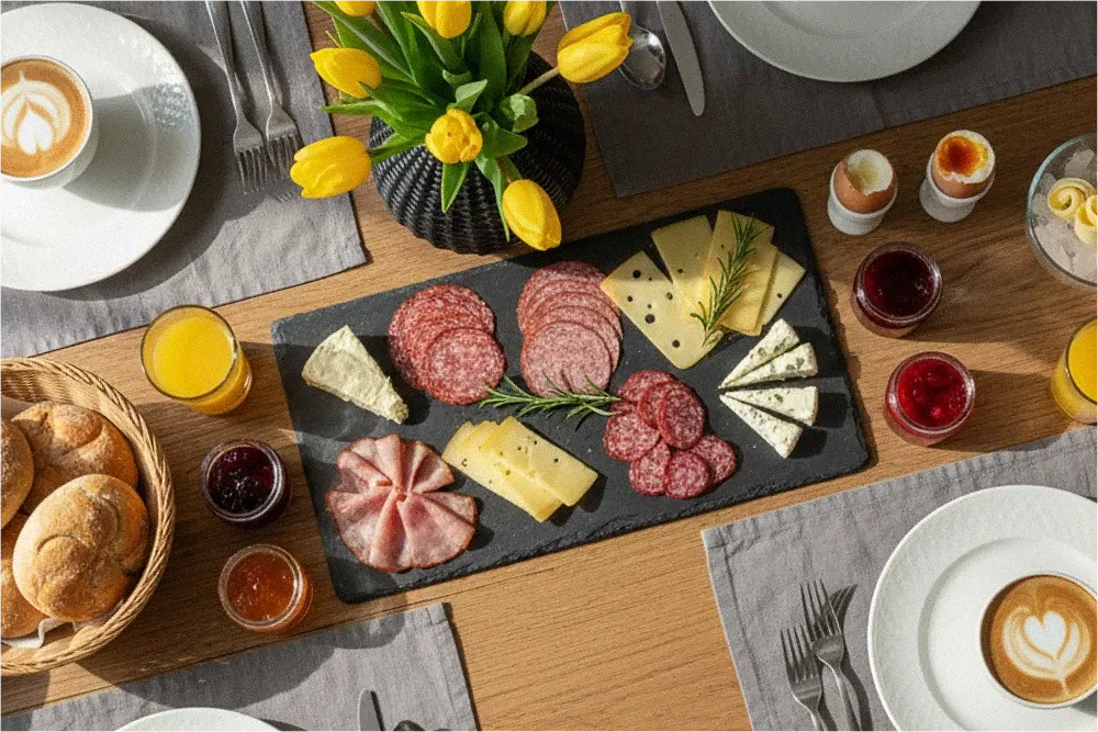 Herzhaftes Frühstück mit Käse und Aufschnitt
